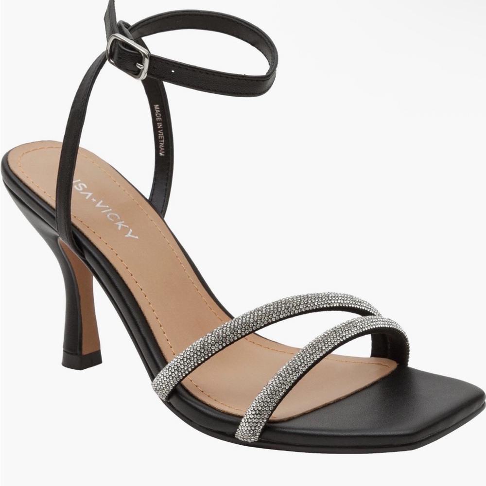 LISA VICKY Gem Crystal Ankle Strap Sandal Black Women's Sandals - Picture 3 of 15